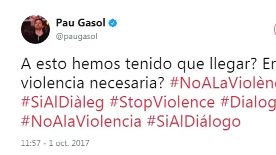 Pau Gasol condena la violencia empleada durante el referéndum ilegal Pau Gasol condena la violencia empleada durante el referéndum ilegal