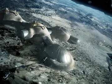 Ilustración que muestra cómo sería una base lunar construida por robots con bloques impresos en 3D Ilustración que muestra cómo sería una base lunar construida por robots con bloques impresos en 3D
