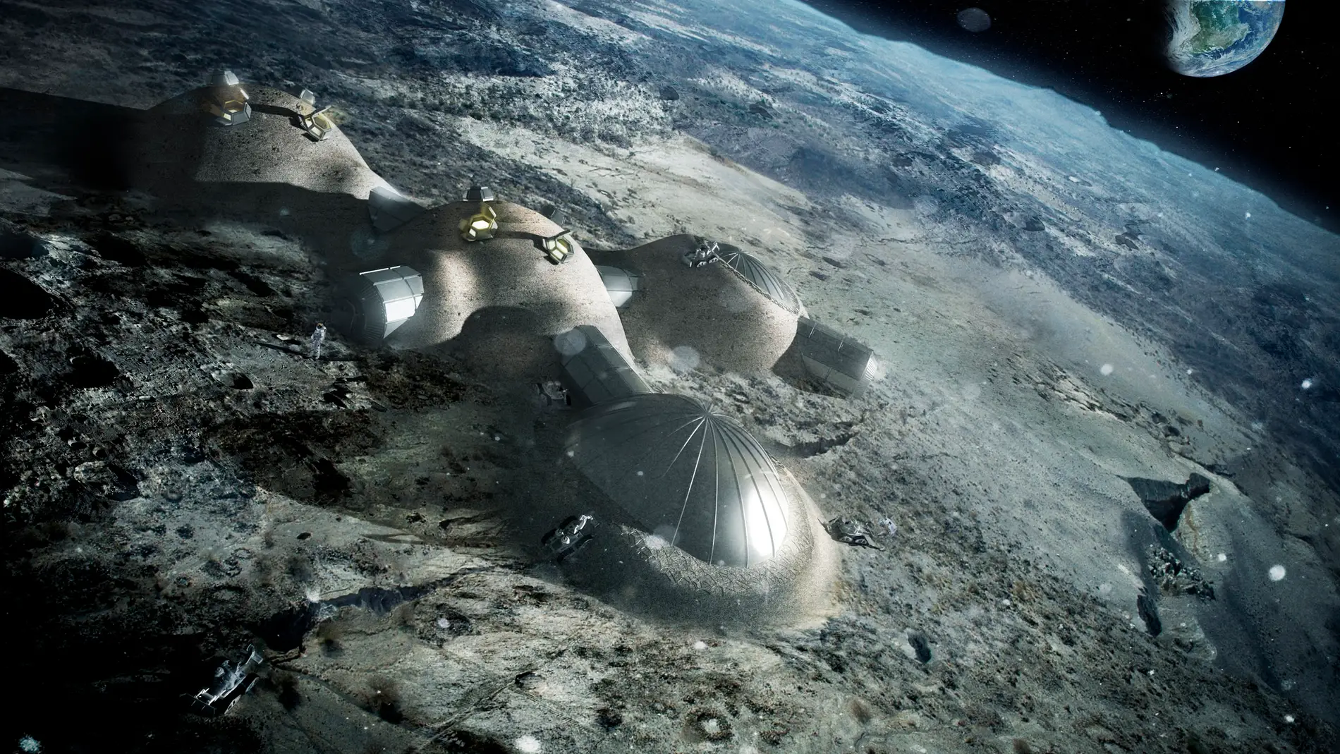 Ilustración que muestra cómo sería una base lunar construida por robots con bloques impresos en 3D 