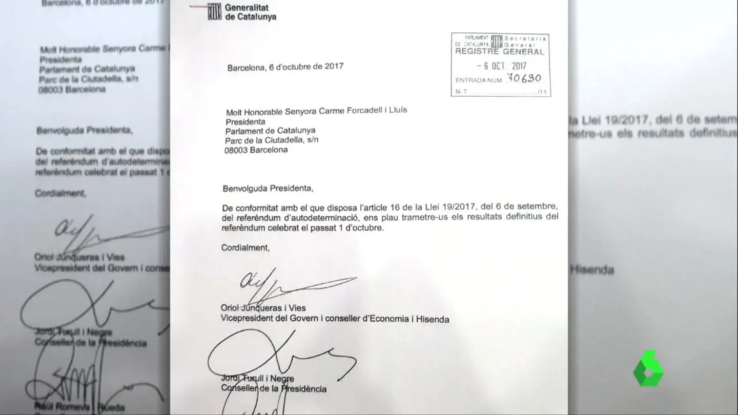 Imagen del documento firmado por el Govern para trasladar los resultados del 1-O Imagen del documento firmado por el Govern para trasladar los resultados del 1-O