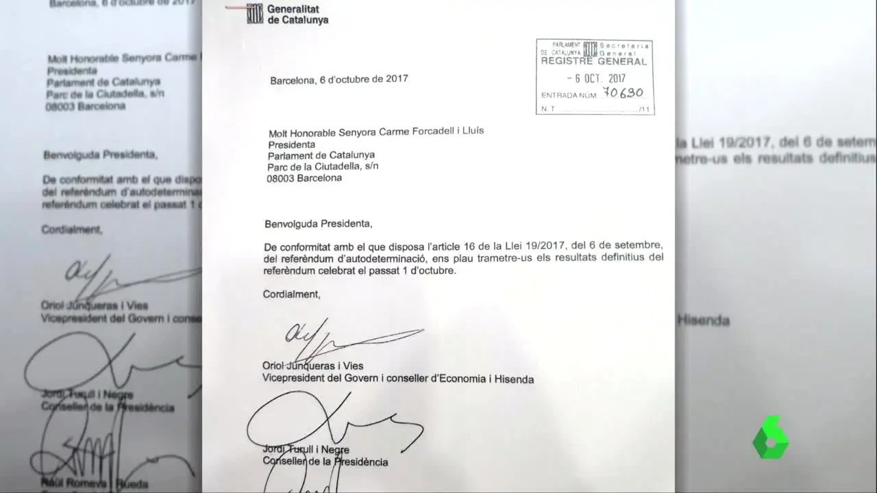 Imagen del documento firmado por el Govern para trasladar los resultados del 1-O Imagen del documento firmado por el Govern para trasladar los resultados del 1-O