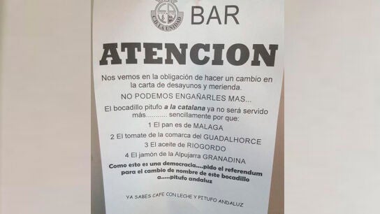 Mensaje del due&ntilde;o de un bar de M&aacute;laga para cambiar el nombre de uno de sus bocadillos