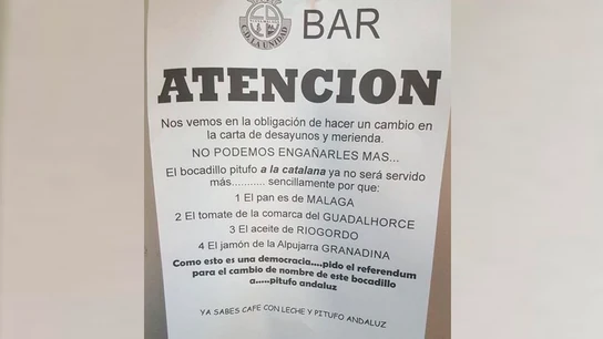 Mensaje del dueño de un bar de Málaga para cambiar el nombre de uno de sus bocadillos Mensaje del dueño de un bar de Málaga para cambiar el nombre de uno de sus bocadillos