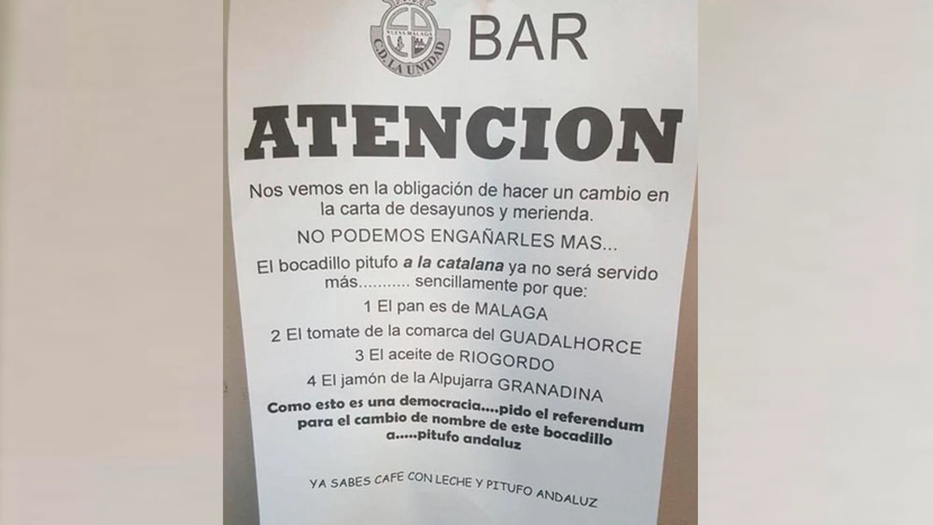 Mensaje del dueño de un bar de Málaga para cambiar el nombre de uno de sus bocadillos