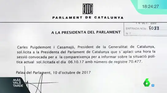 Documento en el que Puigdemont solicita aplazar el pleno Documento en el que Puigdemont solicita aplazar el pleno