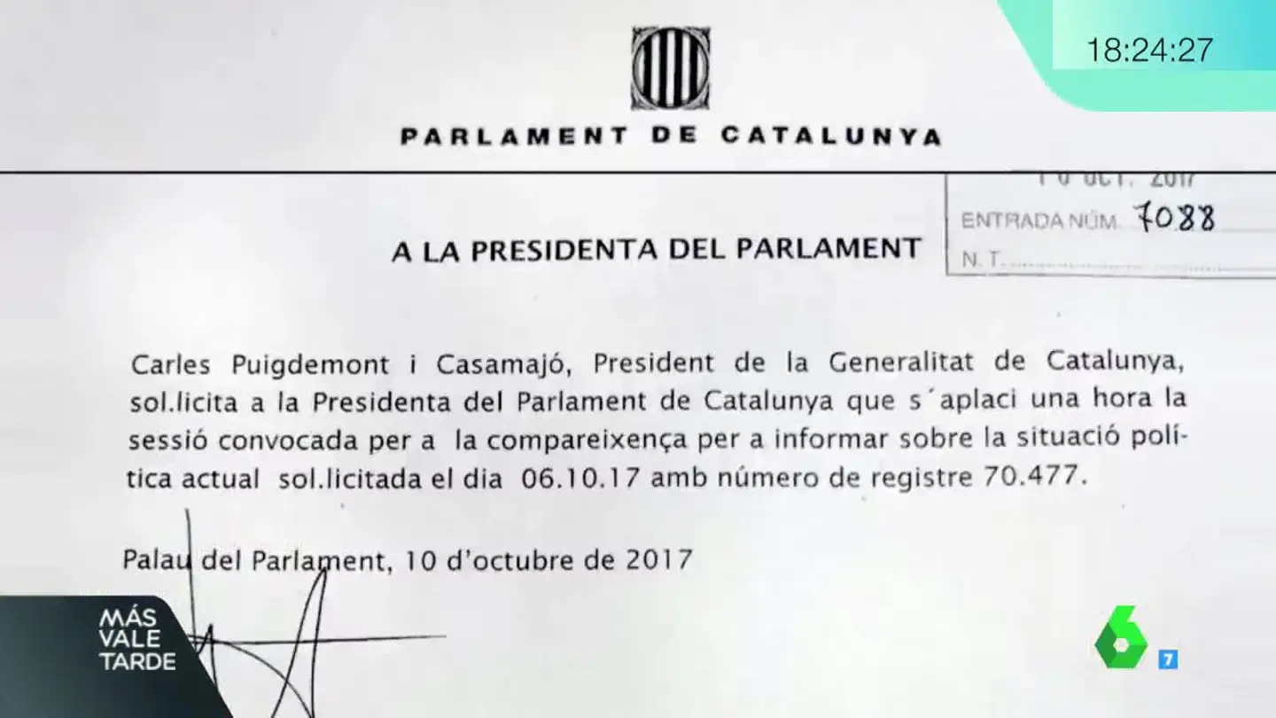 Documento en el que Puigdemont solicita aplazar el pleno Documento en el que Puigdemont solicita aplazar el pleno