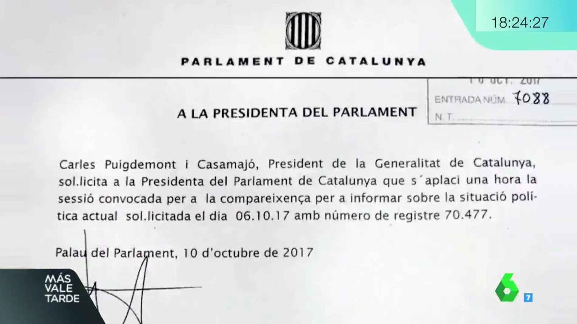 Documento en el que Puigdemont solicita aplazar el pleno