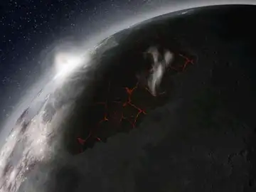 Recreación artística de las erupciones volcánicas que liberaron los gases de la atmósfera lunar Recreación artística de las erupciones volcánicas que liberaron los gases de la atmósfera lunar