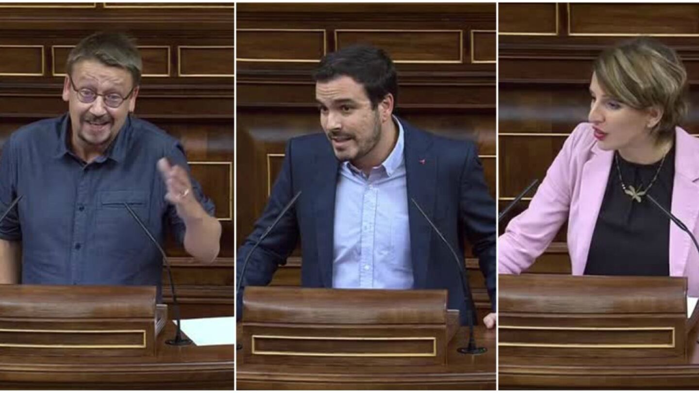 Xavier Dom&egrave;nech, Alberto Garz&oacute;n y Yolanda D&iacute;az, portavoces de las confluencias de Unidos Podemos
