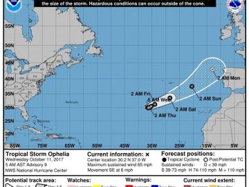 Gráfico cedido que muestra la trayectoria de tres días de la tormenta tropical Ophelia Gráfico cedido que muestra la trayectoria de tres días de la tormenta tropical Ophelia