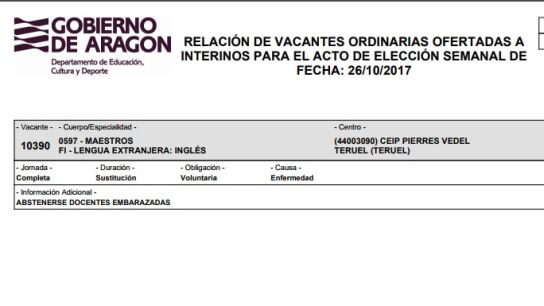Oferta de empleo publicada por el departamento de Educaci&oacute;n Cultura y Deporte del Gobierno de Arag&oacute;n
