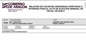 Oferta de empleo publicada por el departamento de Educación Cultura y Deporte del Gobierno de Aragón