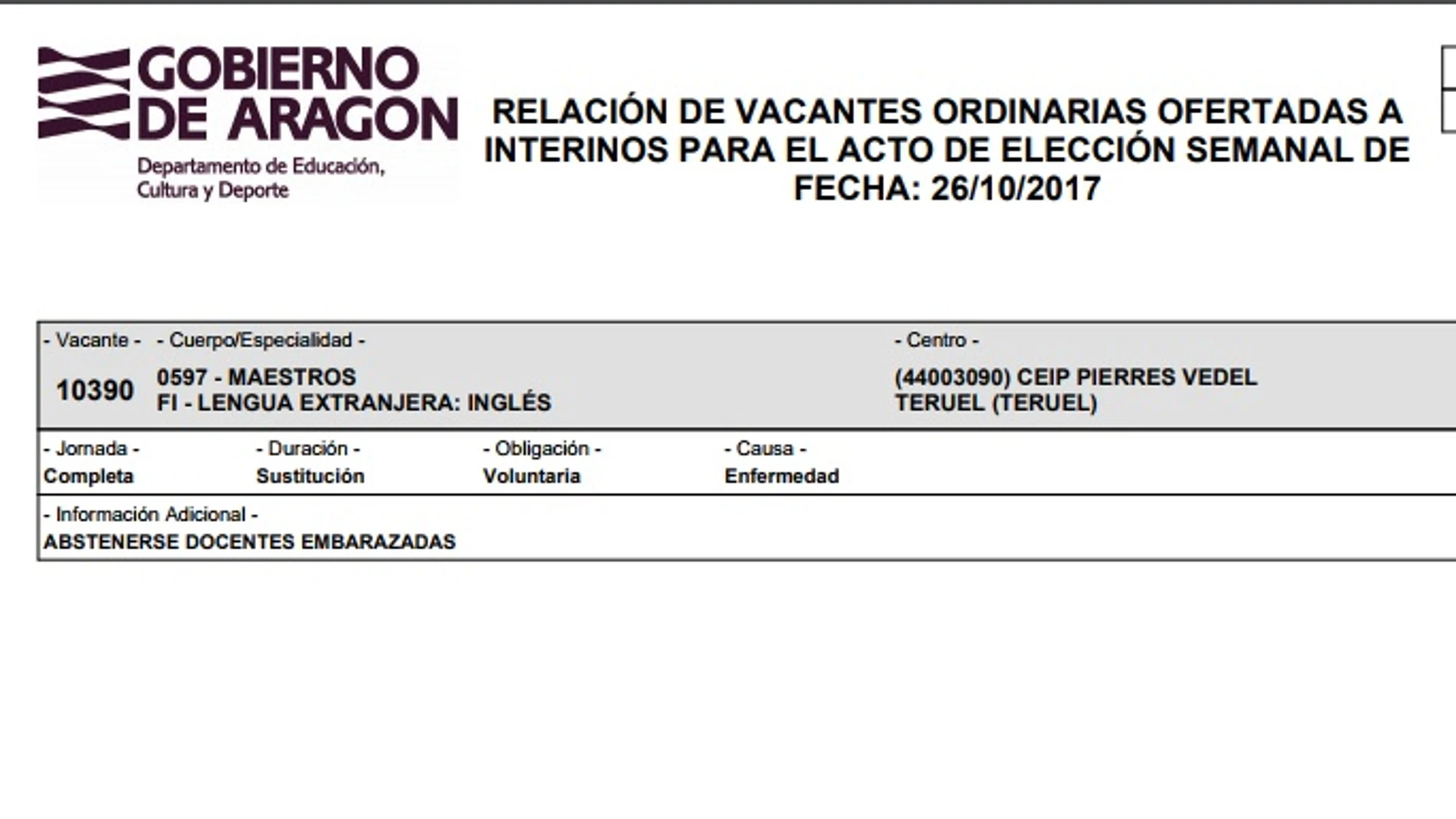 Oferta de empleo publicada por el departamento de Educación Cultura y Deporte del Gobierno de Aragón