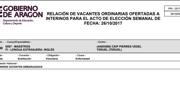 Oferta de empleo publicada por el departamento de Educación Cultura y Deporte del Gobierno de Aragón