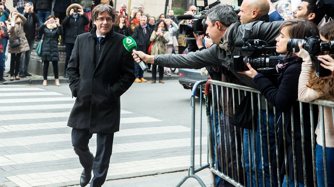 Carles Puigdemont, a su llegada al club de la prensa en Bruselas