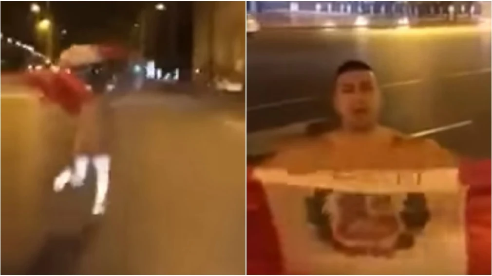 Un hincha peruano corriendo desnudo por Cibeles