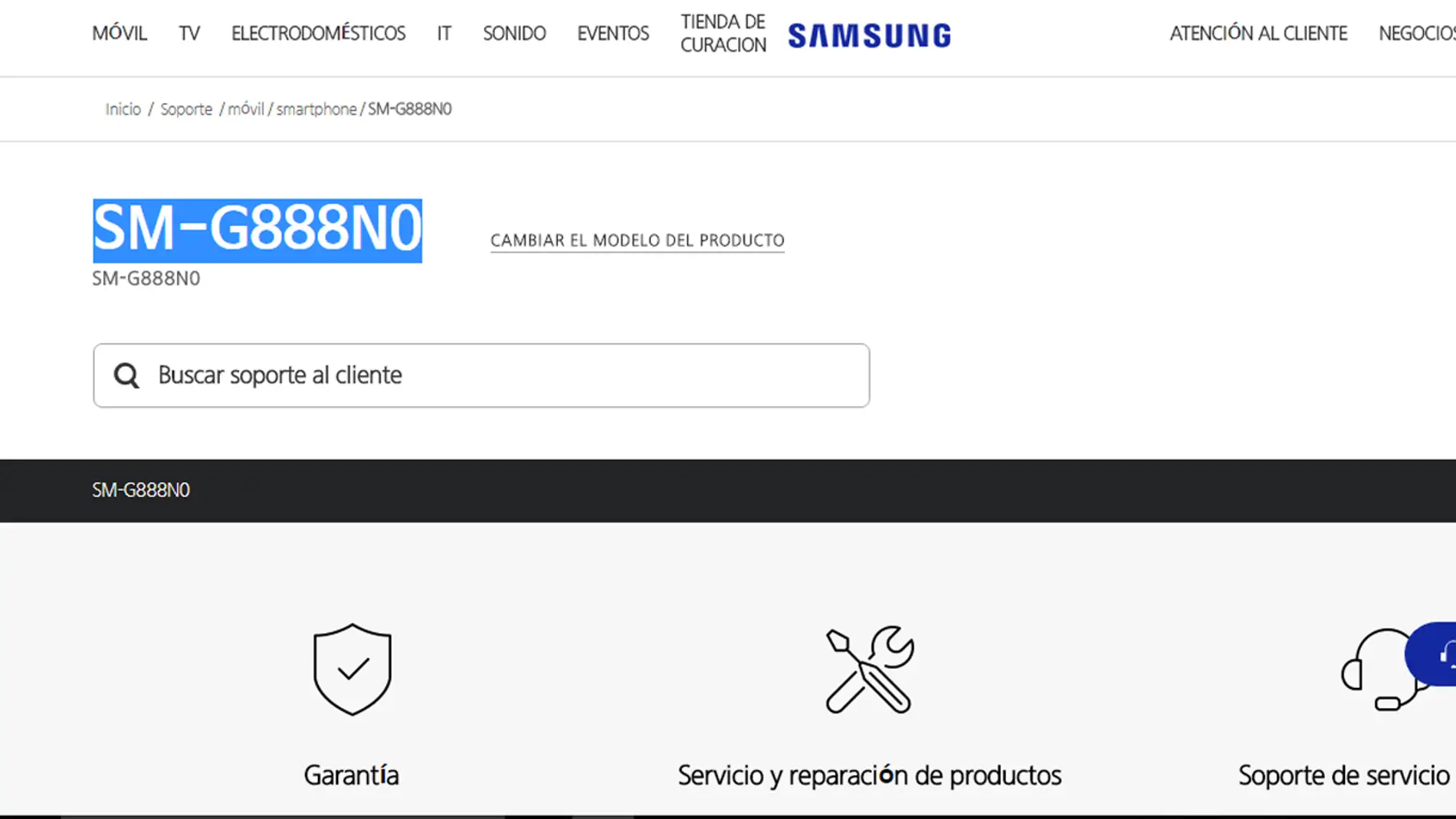 Samsung Galaxy X en la web de Samsung con el nombre del modelo