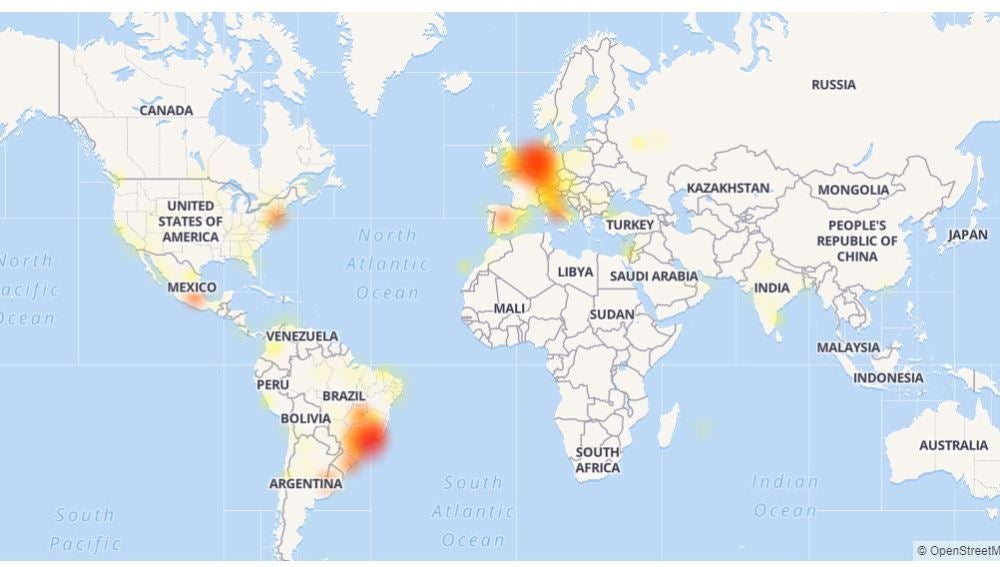 Mapa de Downdetector con la incidencia de Whatsapp