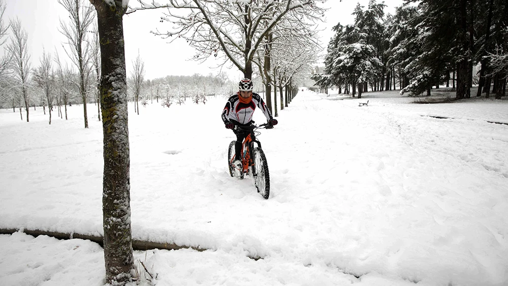 Un ciclista se aventura en el parque de Olarizu de Vitoria, ciudad que ha amanecido cubierta por la nieve