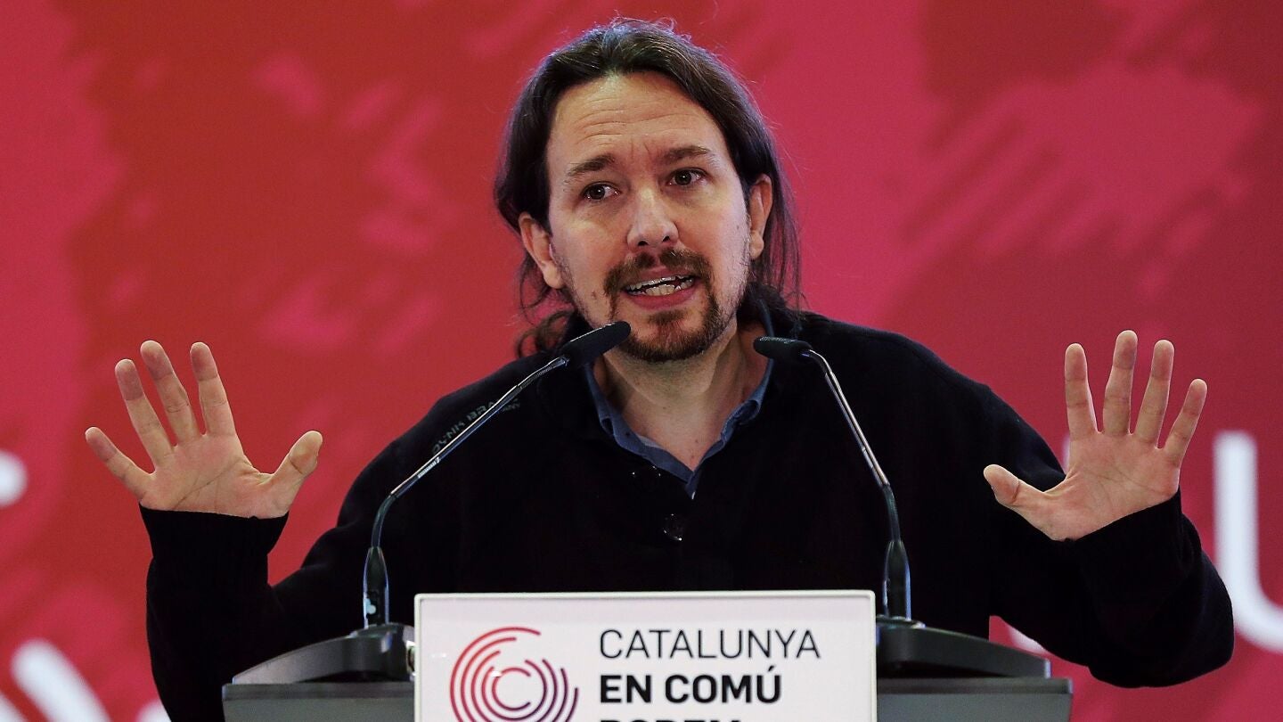 El secretario general de Podemos, Pablo Iglesias, durante la presentaci&oacute;n del programa electoral de Catalu&ntilde;a En Com&uacute; Podem