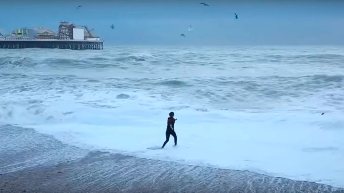 Fragmento del vídeo de una mujer rescatando a su perro del fuerte oleaje