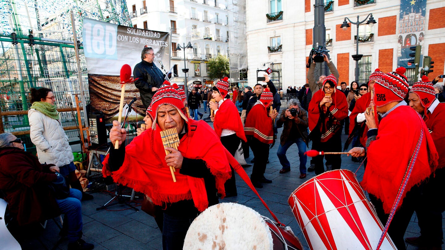 Acto en solidaridad con las personas inmigrantes celebrado en la madrile&ntilde;a Puerta del Sol, con motivo del D&iacute;a Internacional del Migrante