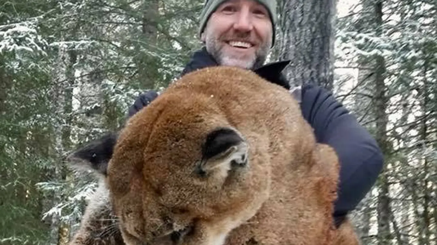 Steve Ecklund junto con el puma que ha cazado Steve Ecklund junto con el puma que ha cazado