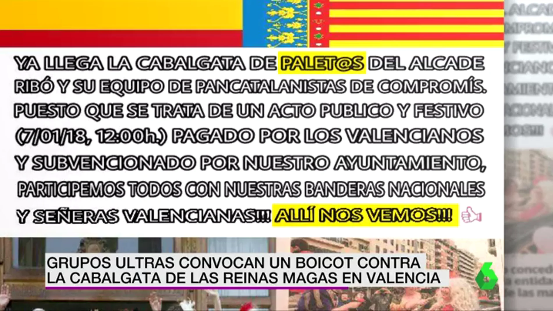 El mensaje que han publicado los ultras para hacer un boicot a la Cabalgata de Reinas Magas en Valencia