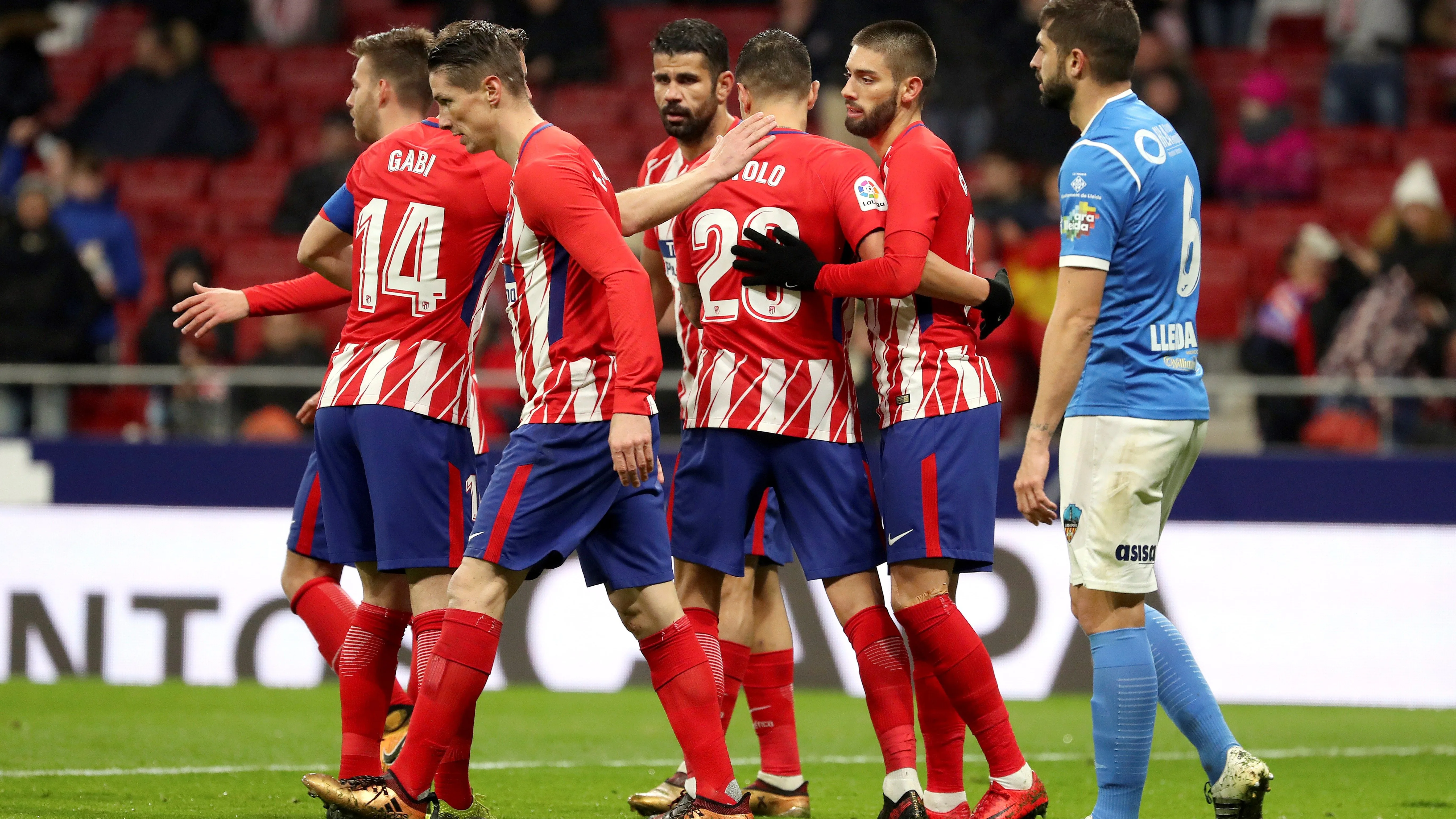 Los jugadores del Atlético celebran un gol ante el Lleida Los jugadores del Atlético celebran un gol ante el Lleida