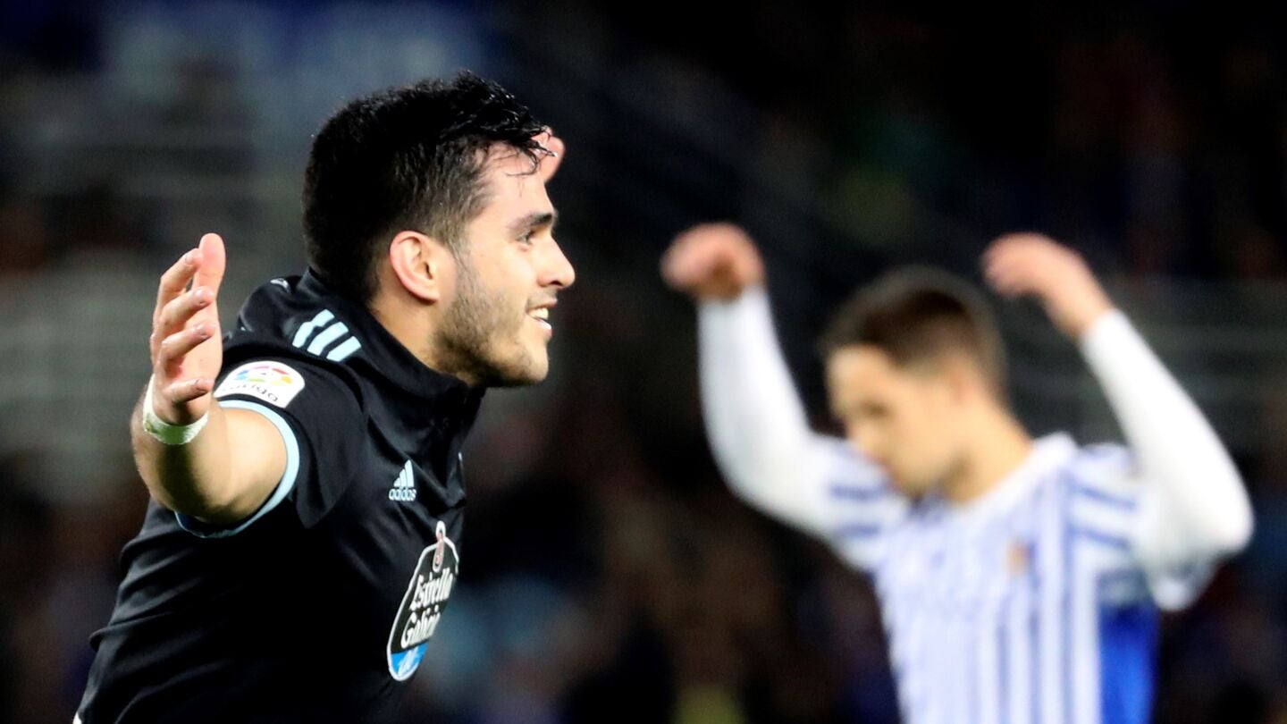 Maxi G&oacute;mez celebra su gol contra la Real Sociedad