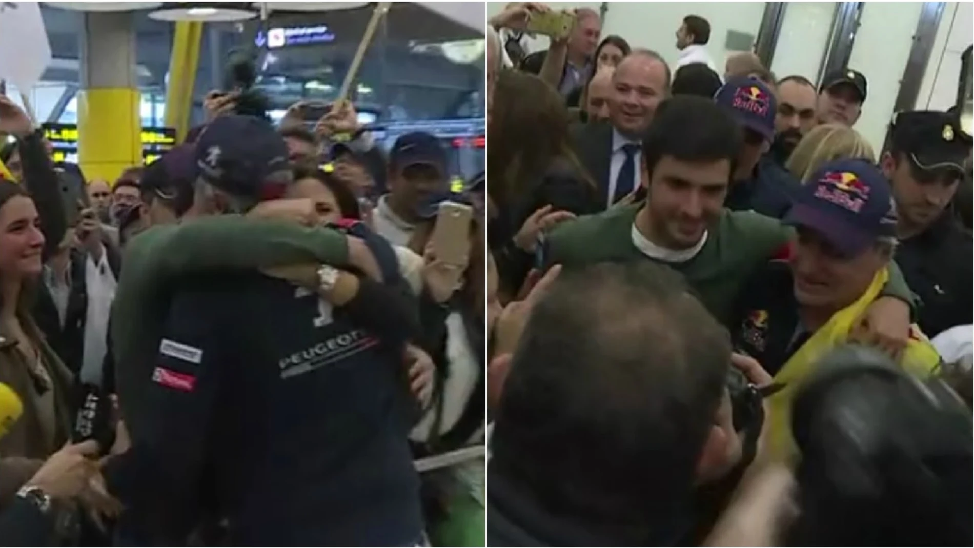 Carlos Sainz se abraza a su hijo en la llegada a Barajas