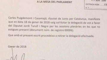 Documento en el que Junts per Catalunya retira la petición de delegación de voto de Puigdemont