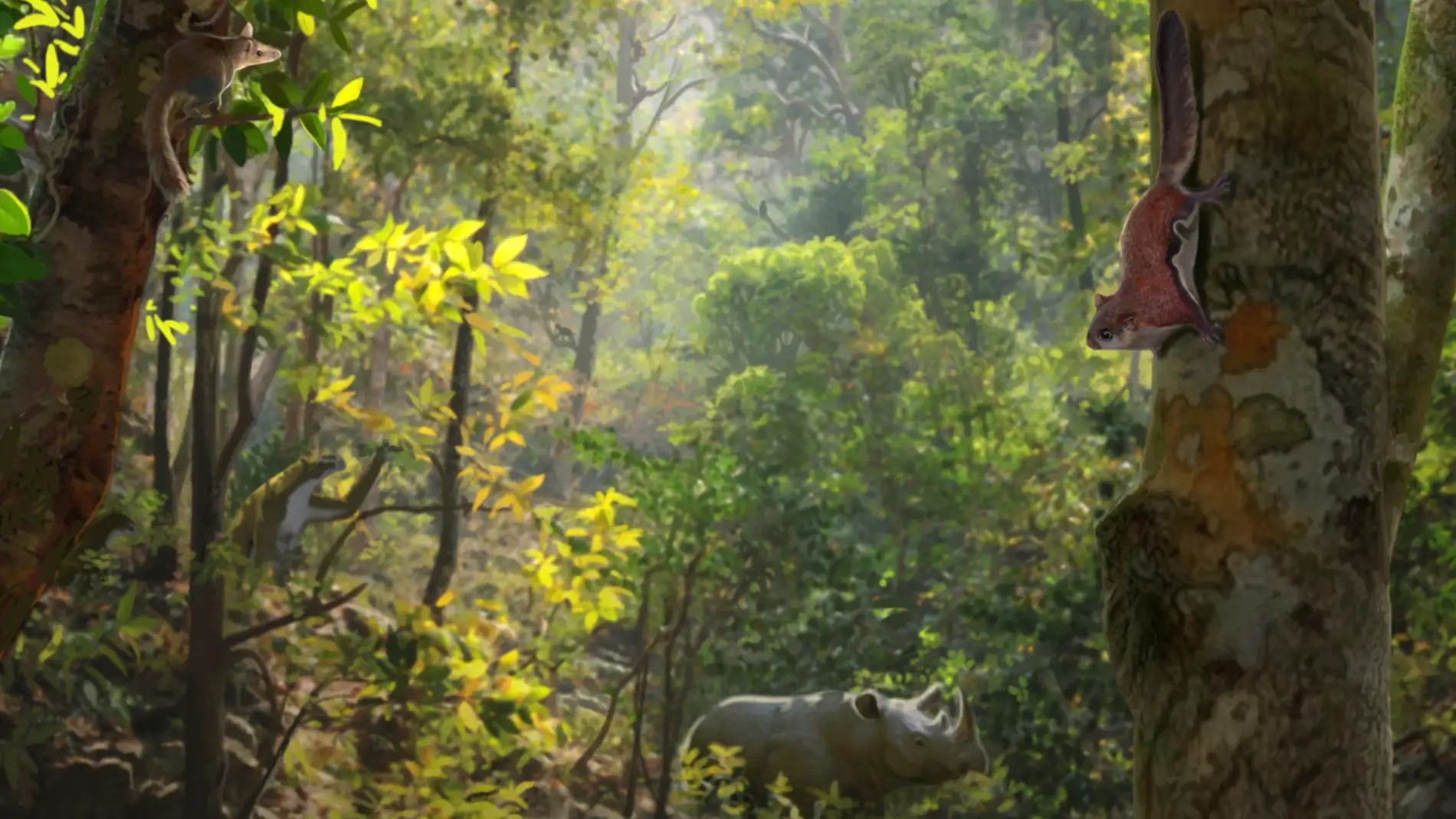 Reconstrucción paleontológica de una ardilla voladora (primer plano) en los ambientes forestales de la región septentrional (Cataluña y sur de Francia) hace unos diez millones de años por Oscar Sanisidro (Vertebrate Paleontology. Biodiversitiy Institute, University of Kansas).