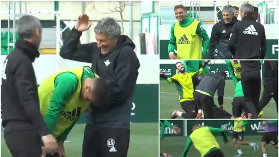 Graciosa caída de Joaquín durante el entrenamiento del Betis Graciosa caída de Joaquín durante el entrenamiento del Betis