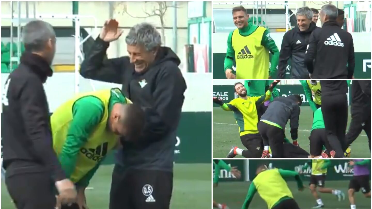 Graciosa ca&iacute;da de Joaqu&iacute;n durante el entrenamiento del Betis
