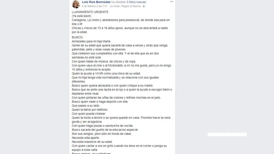 Mensaje en Facebook de Lola Rizo Mensaje en Facebook de Lola Rizo