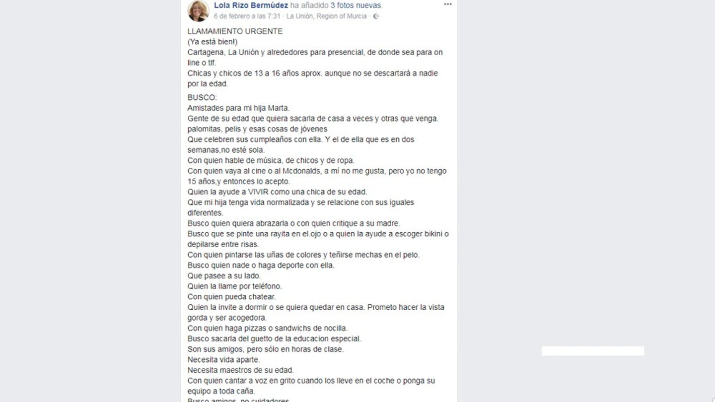 Mensaje en Facebook de Lola Rizo Mensaje en Facebook de Lola Rizo