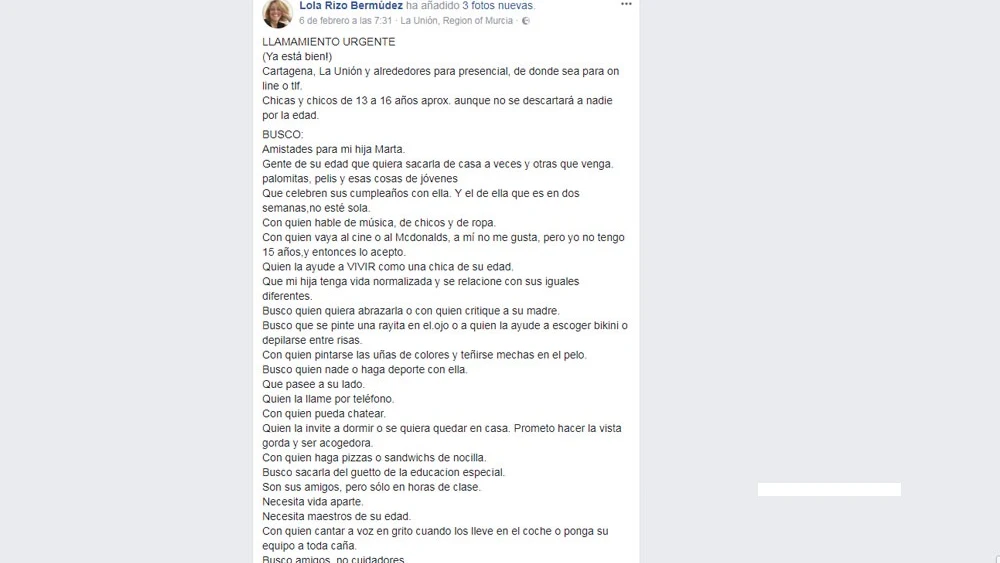 Mensaje en Facebook de Lola Rizo