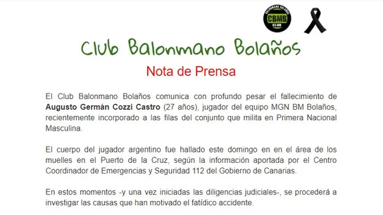 El comunicado del Bolaños informando de la trágica noticia El comunicado del Bolaños informando de la trágica noticia