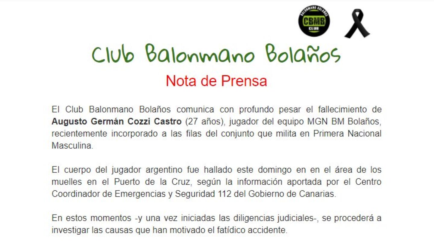 El comunicado del Bola&ntilde;os informando de la tr&aacute;gica noticia