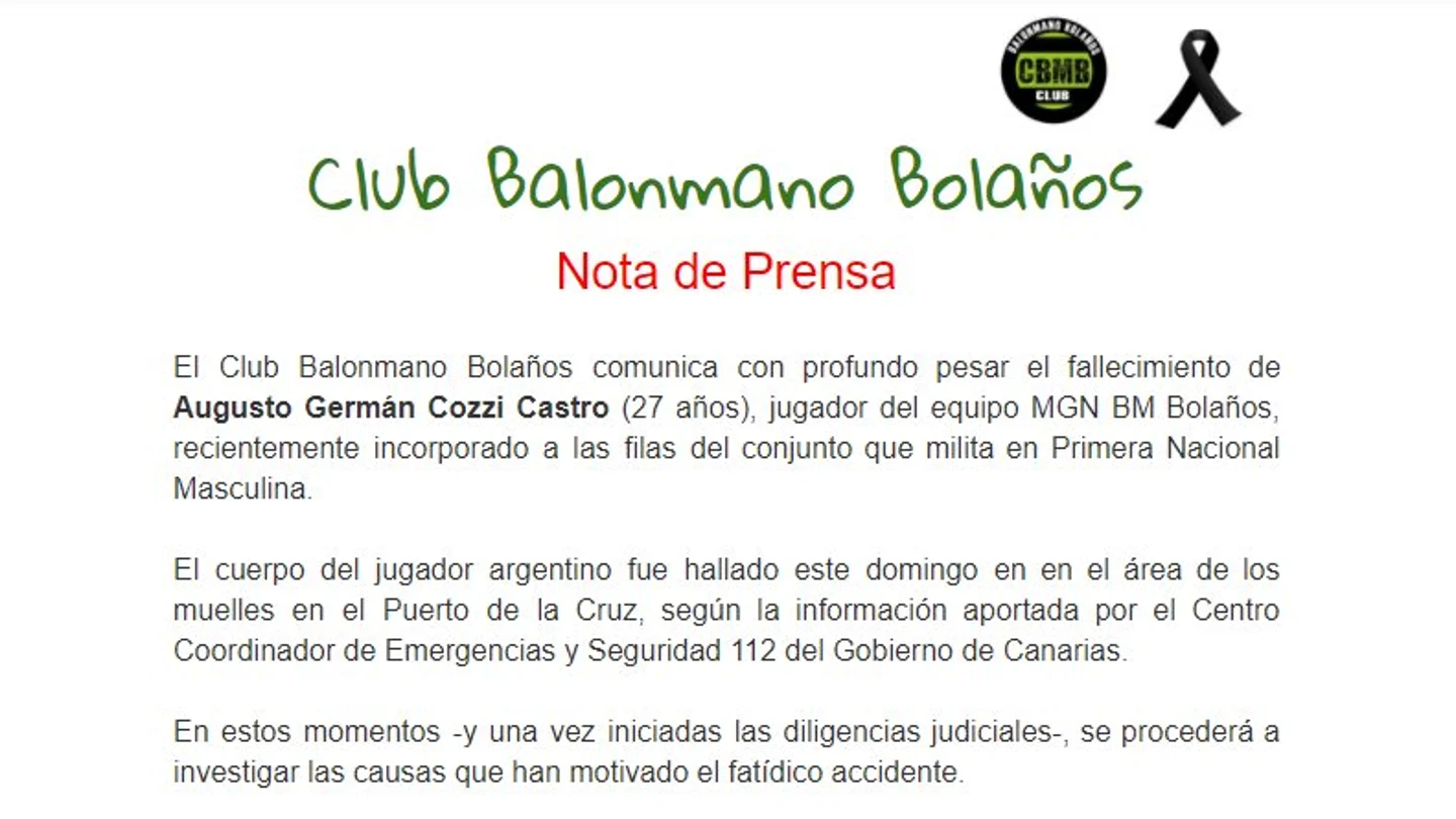 El comunicado del Bolaños informando de la trágica noticia El comunicado del Bolaños informando de la trágica noticia