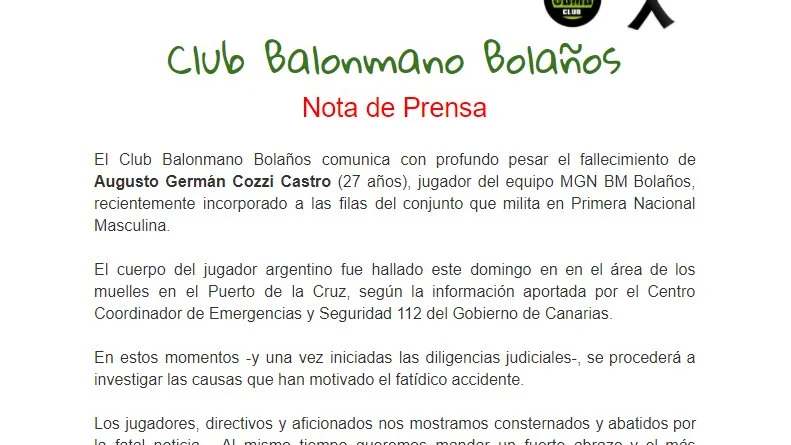 El comunicado del Bolaños informando de la trágica noticia