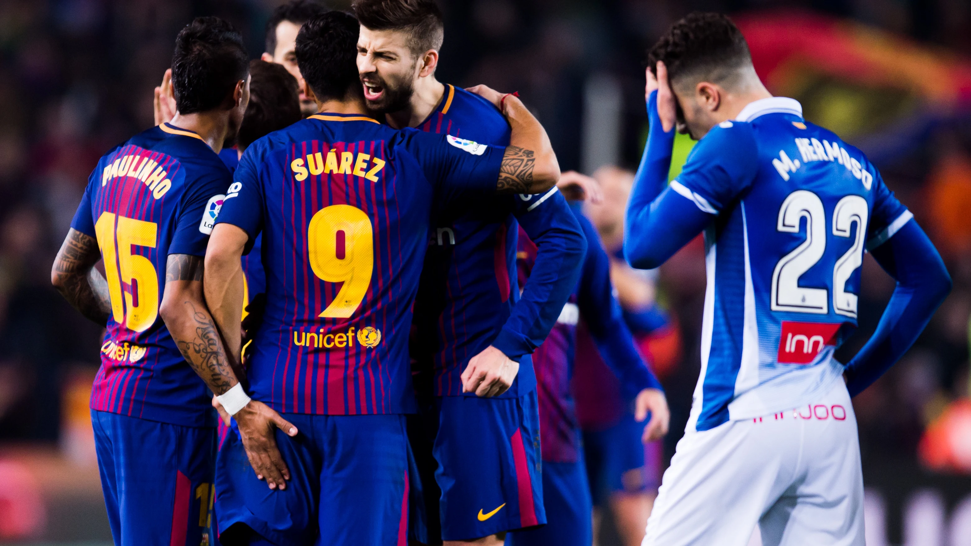 El Barça celebra un gol ante el Espanyol