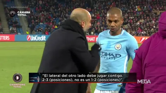 Guardiola charla con Fernandinho durante el Basilea - City Guardiola charla con Fernandinho durante el Basilea - City