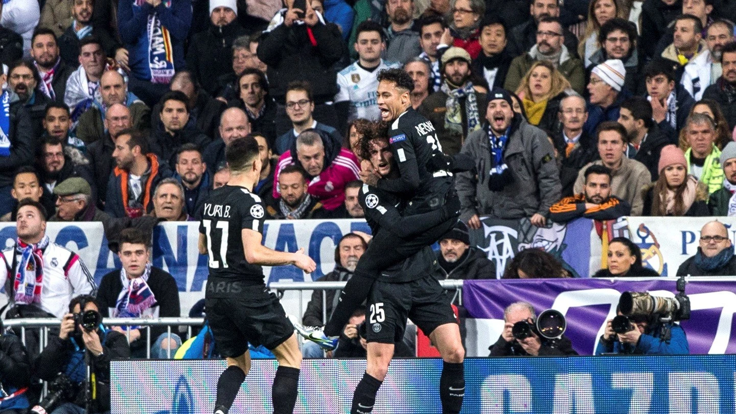 Neymar y Rabiot celebran el 0-1 en el Santiago Bernabéu Neymar y Rabiot celebran el 0-1 en el Santiago Bernabéu