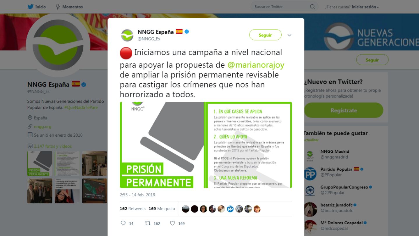 Campa&ntilde;a a favor de la prisi&oacute;n permanente revisable de las Nuevas Generaciones del PP