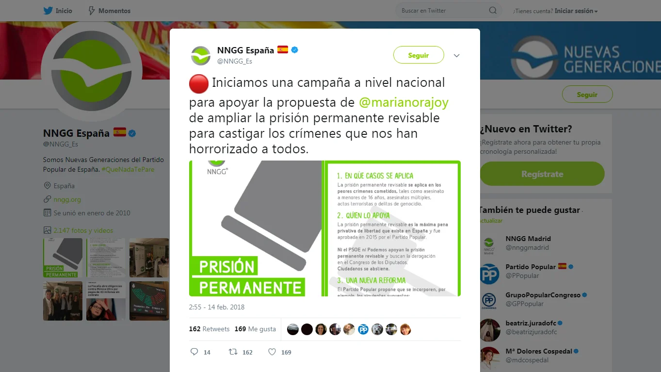 Campaña a favor de la prisión permanente revisable de las Nuevas Generaciones del PP