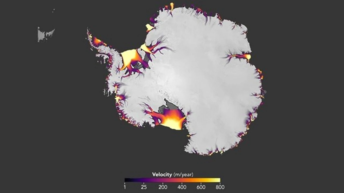 Mapa satelital que mide la descarga de hielo en la Antártida Mapa satelital que mide la descarga de hielo en la Antártida