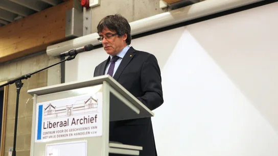 El expresidente de la Generalitat de Cataluña, Carles Puigdemont, durante su intervención El expresidente de la Generalitat de Cataluña, Carles Puigdemont, durante su intervención