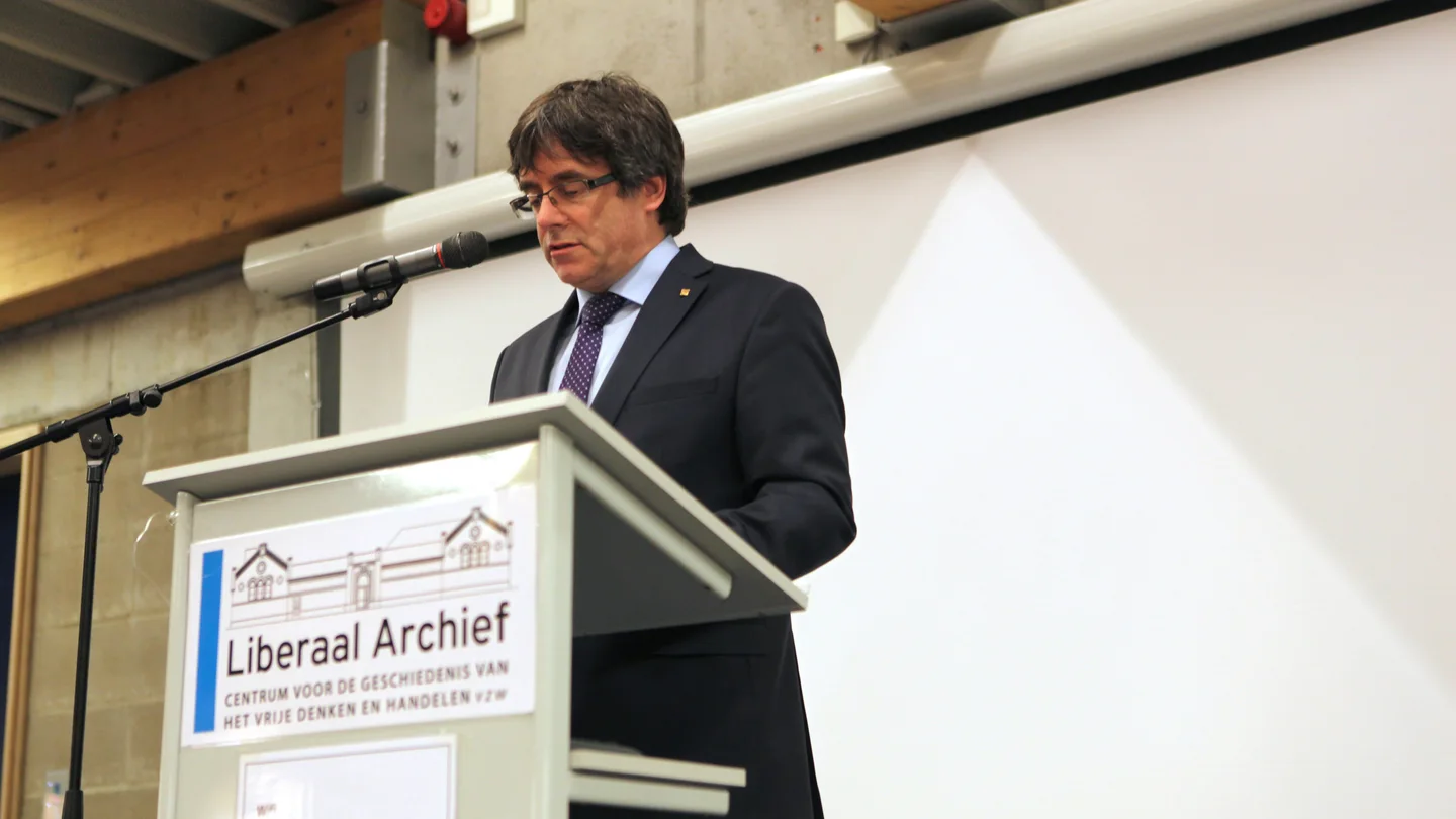 El expresidente de la Generalitat de Cataluña, Carles Puigdemont, durante su intervención El expresidente de la Generalitat de Cataluña, Carles Puigdemont, durante su intervención